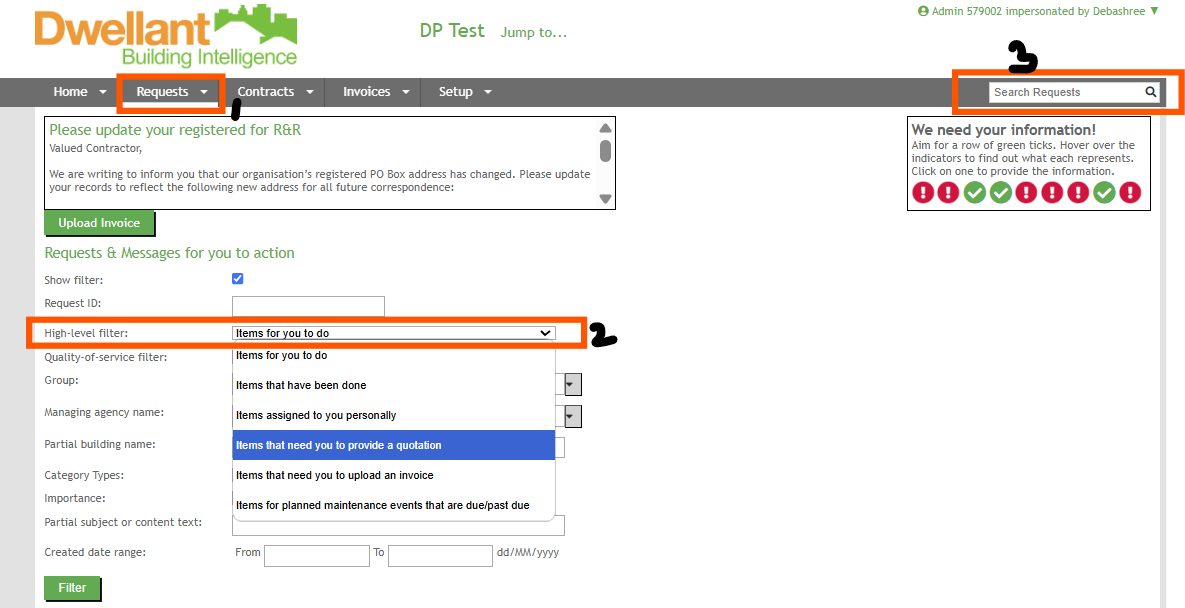 Quotation request filter view