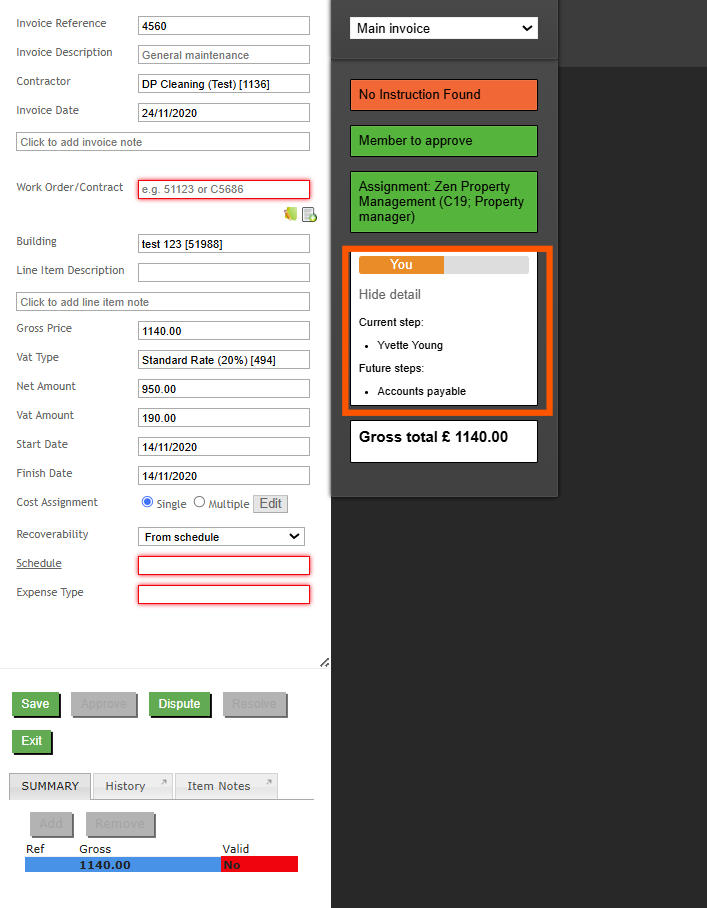 Invoice processing screen